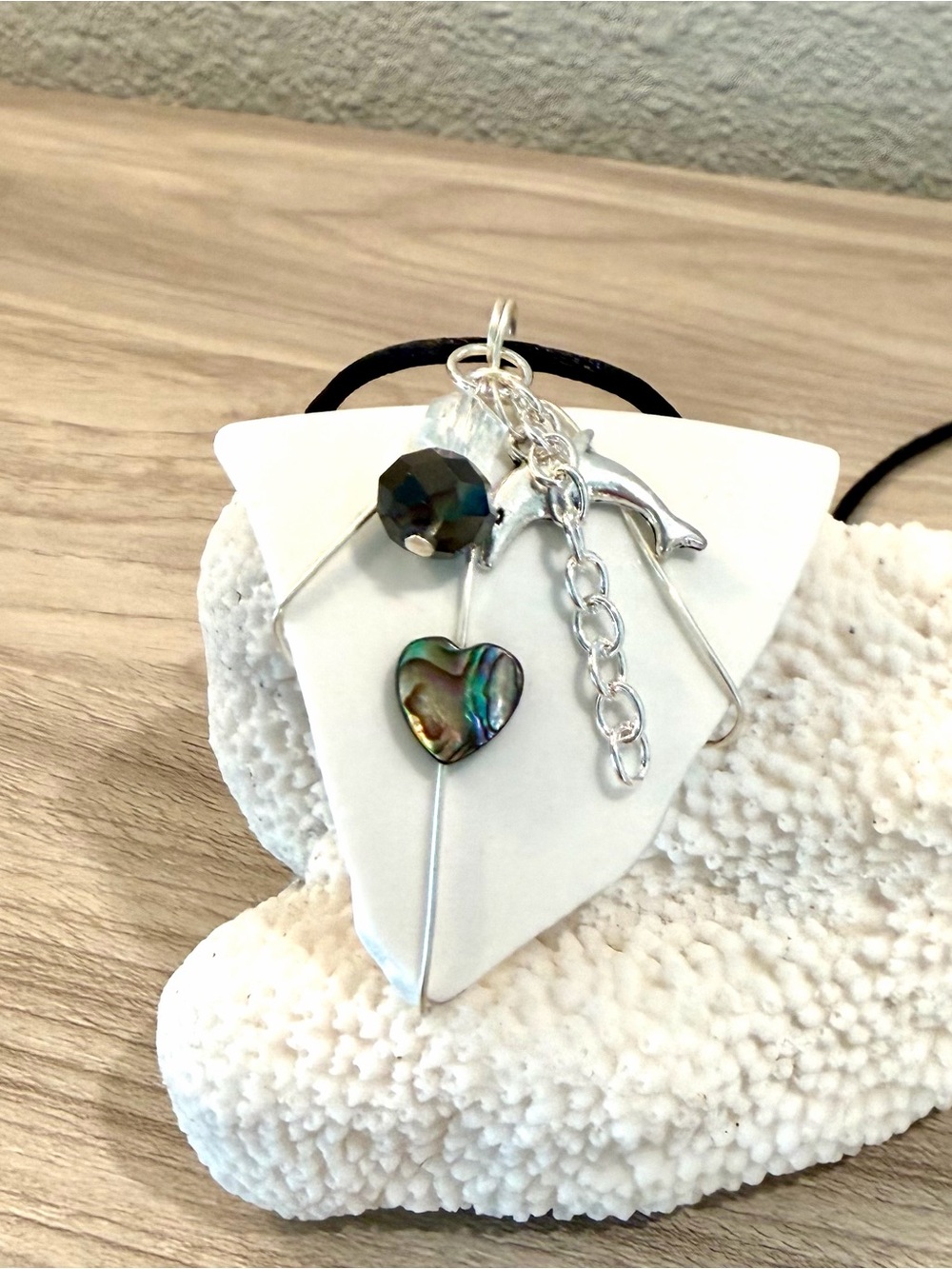46. Abalone Heart Charm Pendant Necklace on White Sea glass with dolphin charm
